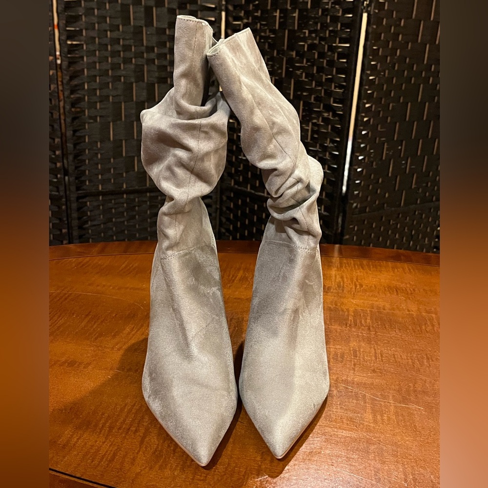 Nine West Slouch Dress Boots. Kitten heel, pointed toe. Faux suede. Grey. 8.5 - Picture 3 of 7